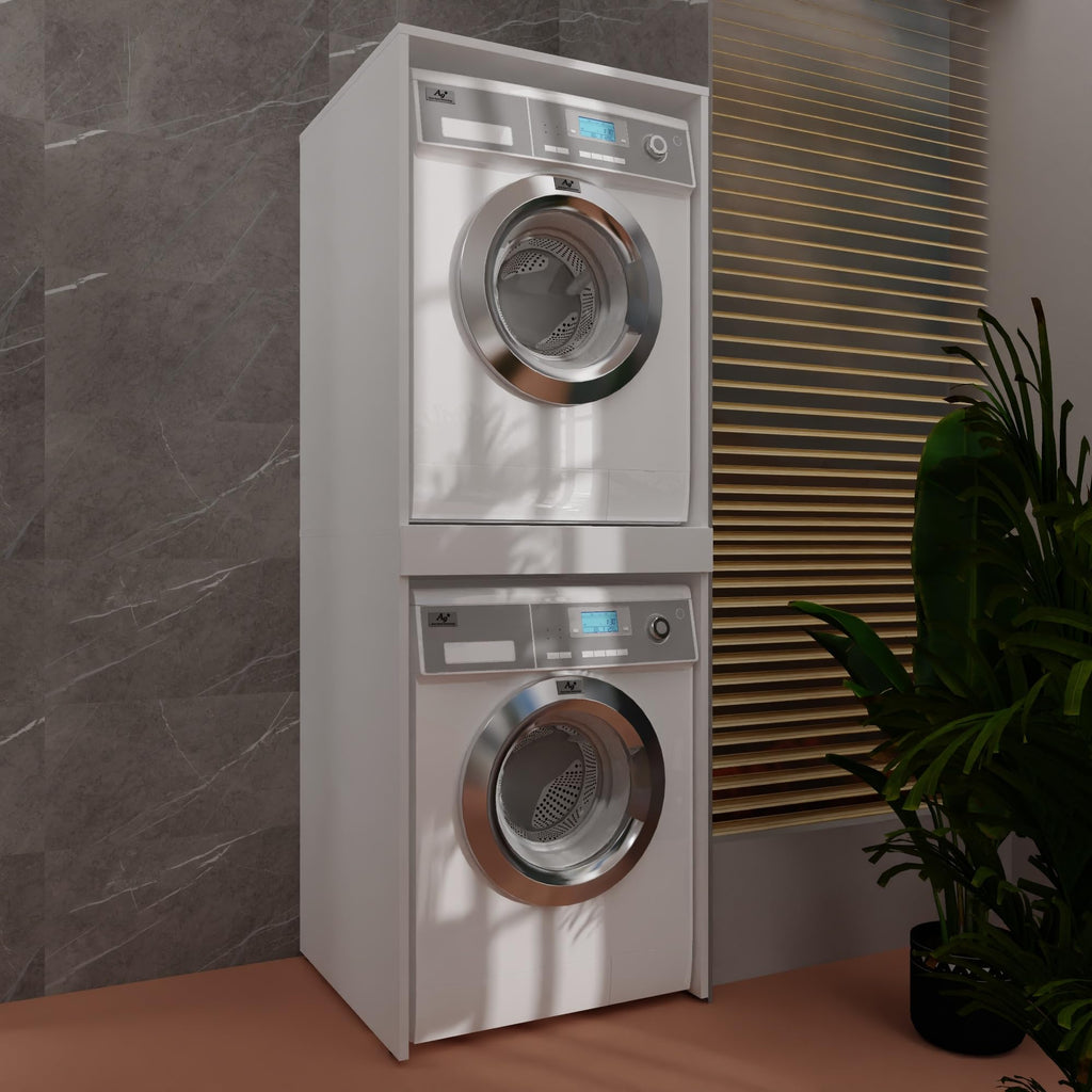 Waschmaschinenschrank für Waschmaschine und Trockner 183,7x65x66 cm ausziehbarer Regalboden Hochkant 18mm Weiß
