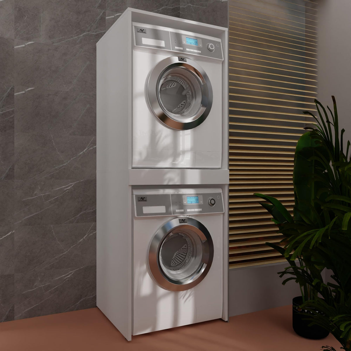 Waschmaschinenschrank für Waschmaschine und Trockner 183,7x65x66 cm ausziehbarer Regalboden Hochkant 18mm Weiß