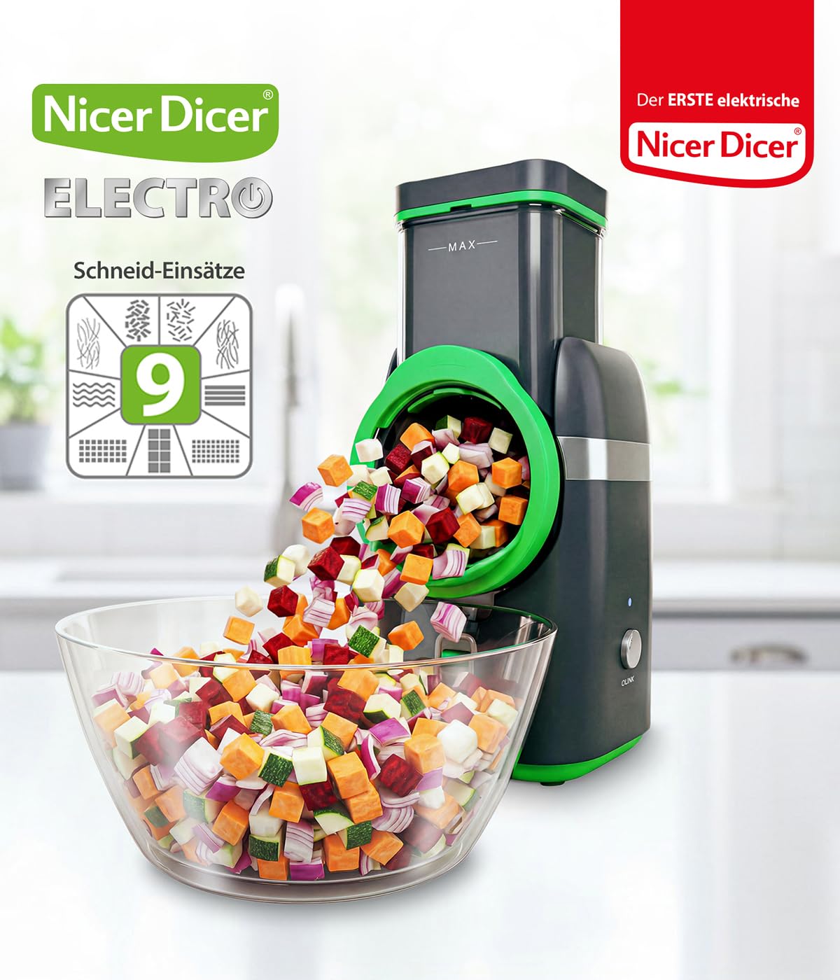 Gemüsehobel Electro 32 tlg Gemüseschneider automatisch Käsereibe für Gemüse Obst Nüsse 9 extrascharfe Einsätze