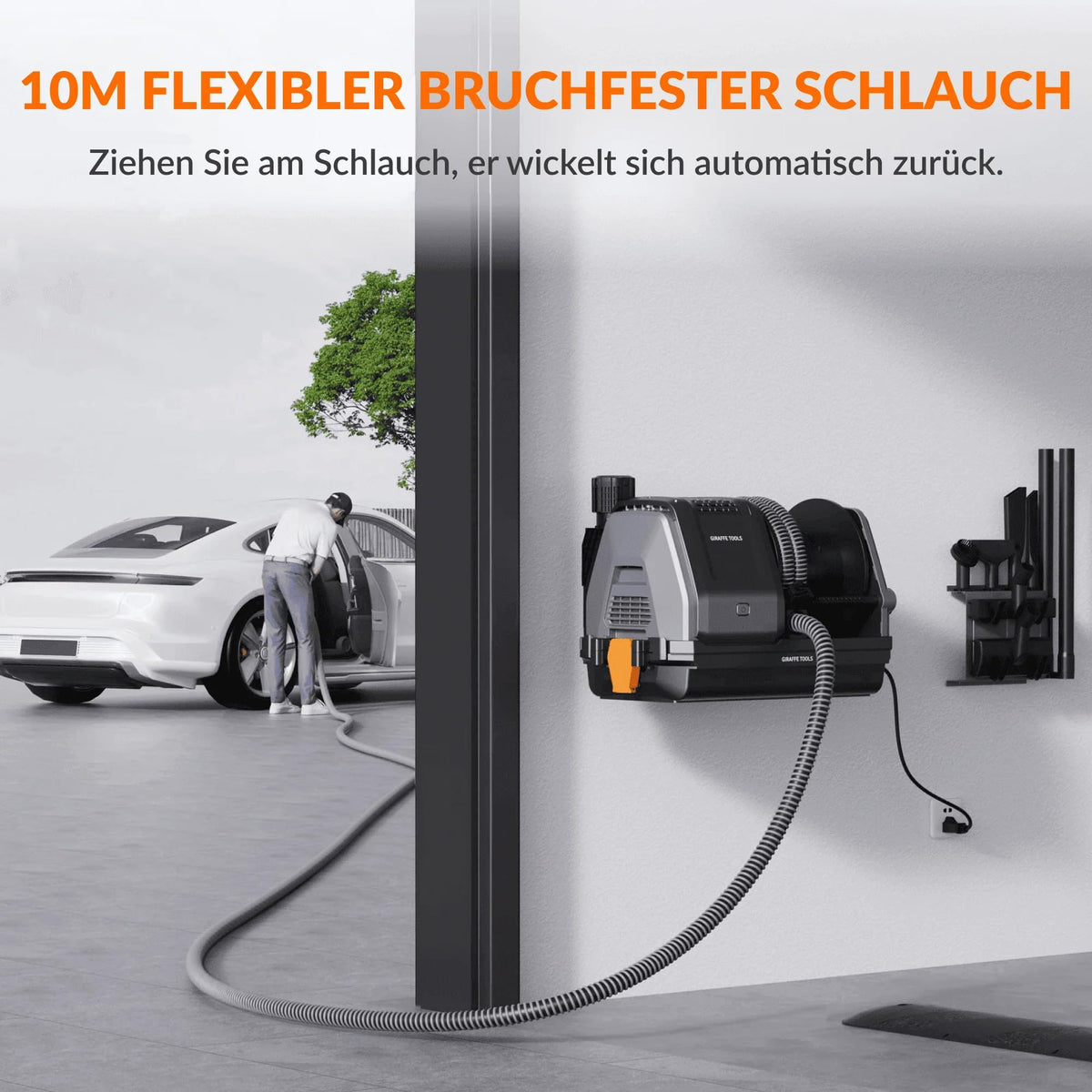 Grandstorm einziehbarer Wandstaubsauger 10m knickfester Schlauch 6 Düsen Fernbedienung Garagenreinigung