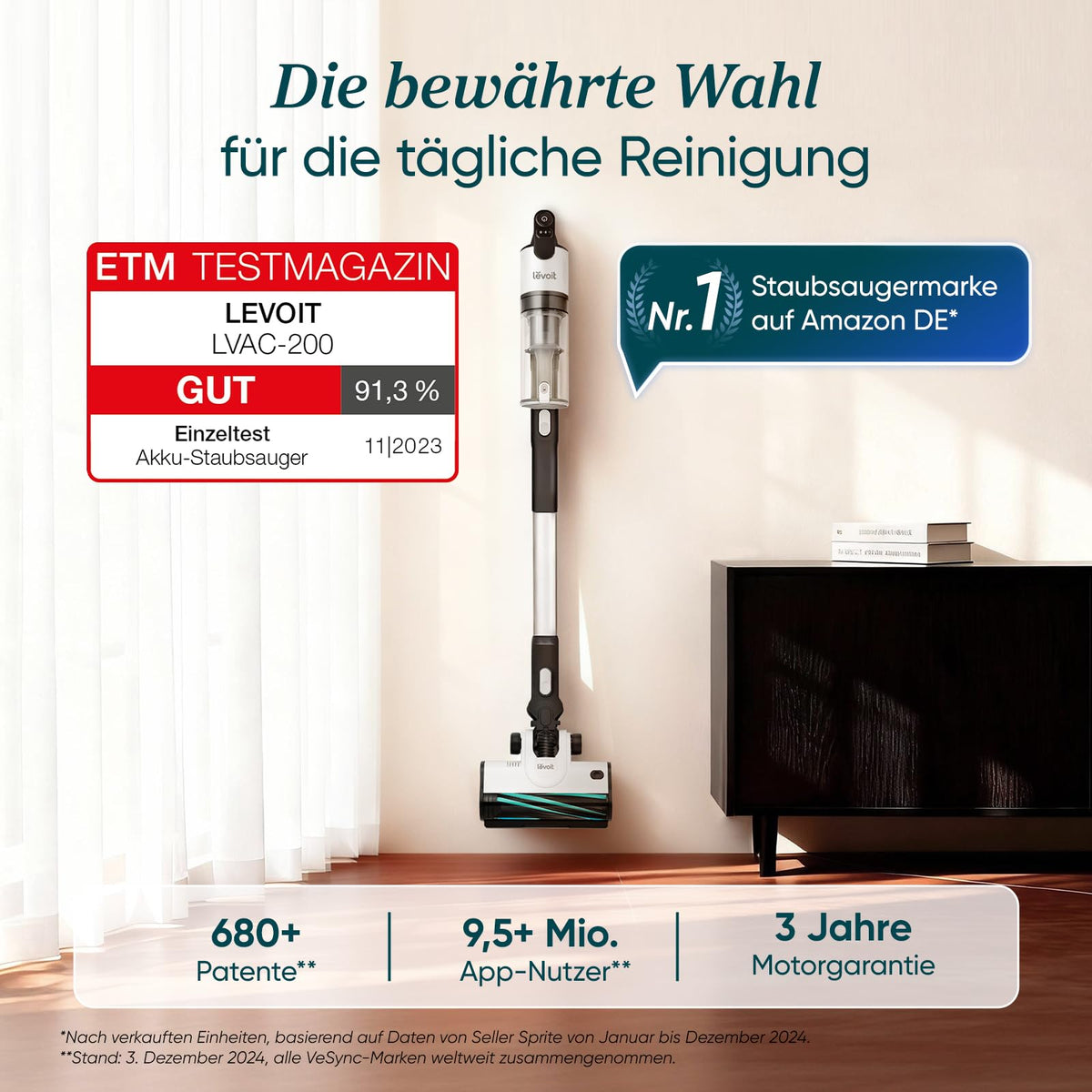 Akku Staubsauger LVAC 200 kabellos mit starker Saugkraft für Haushalt bis 75 m² Anti Tangle Schwarz