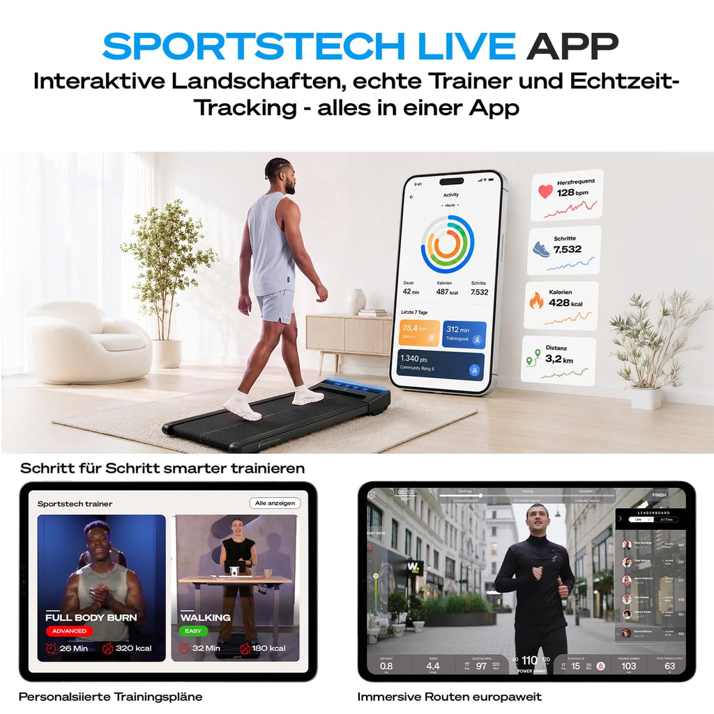 Walking Pad Laufband sWalk Lite, 6% Steigung, 6 km/h, LED, App, Fernbedienung, leise, flach, bis 150 kg