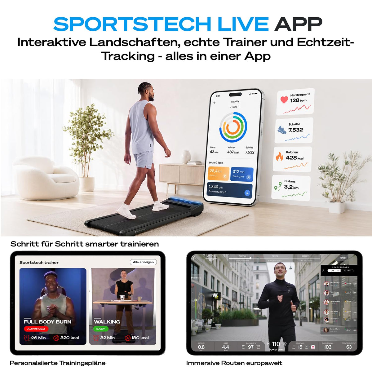 Walking Pad Laufband sWalk Lite, 6% Steigung, 6 km/h, LED, App, Fernbedienung, leise, flach, bis 150 kg