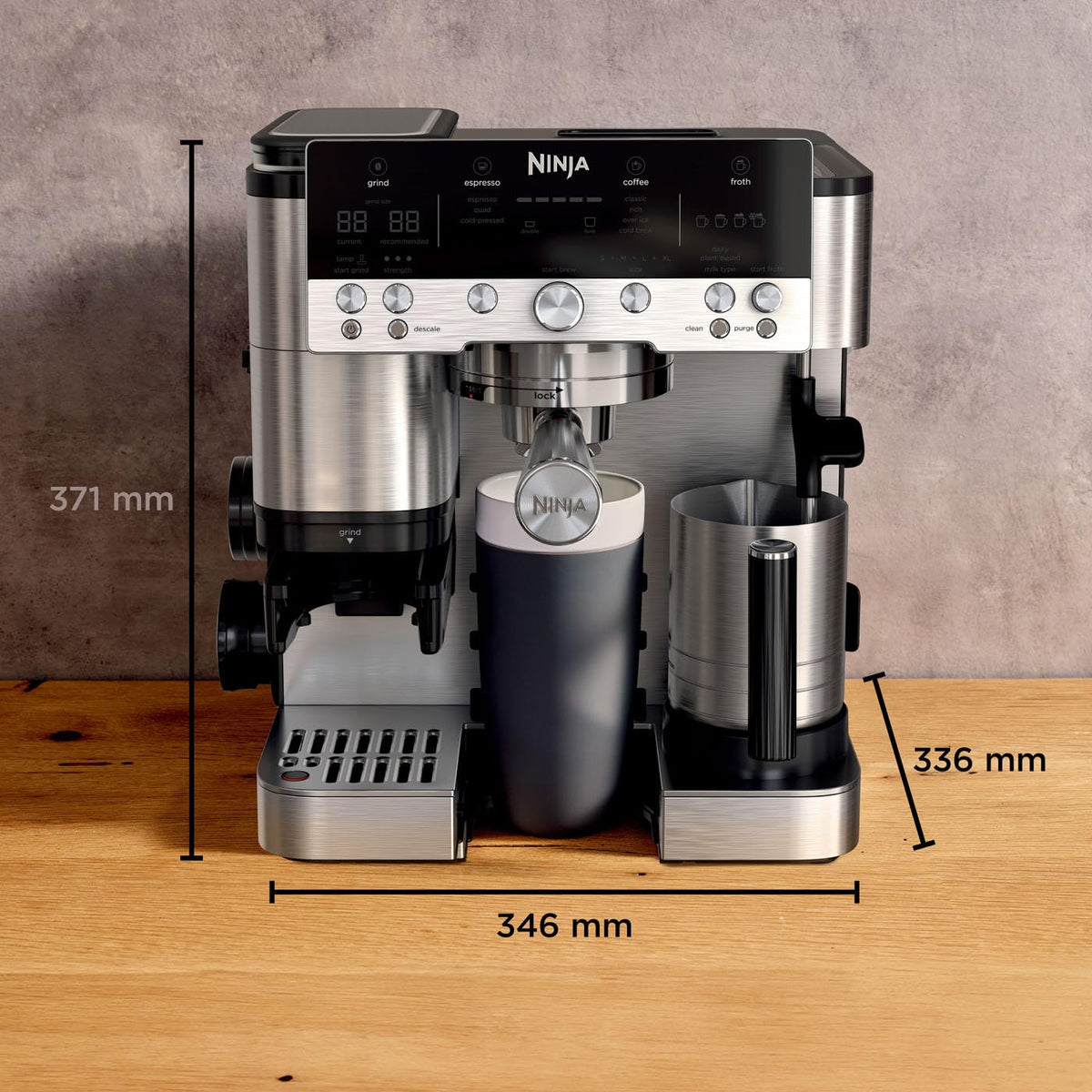 Luxe Premier 3 in 1 Kaffeemaschine mit Mahlwerk und Aufschäumer Silber für Espresso Latte Cappuccino
