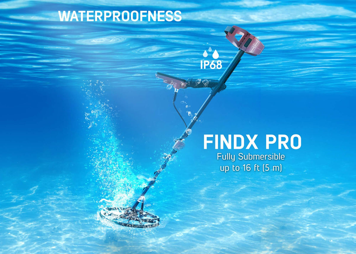 FINDX PRO Metalldetektor Profi wasserdicht 28cm Suchspule Gold Pinpoint USB wiederaufladbar 4 Modi