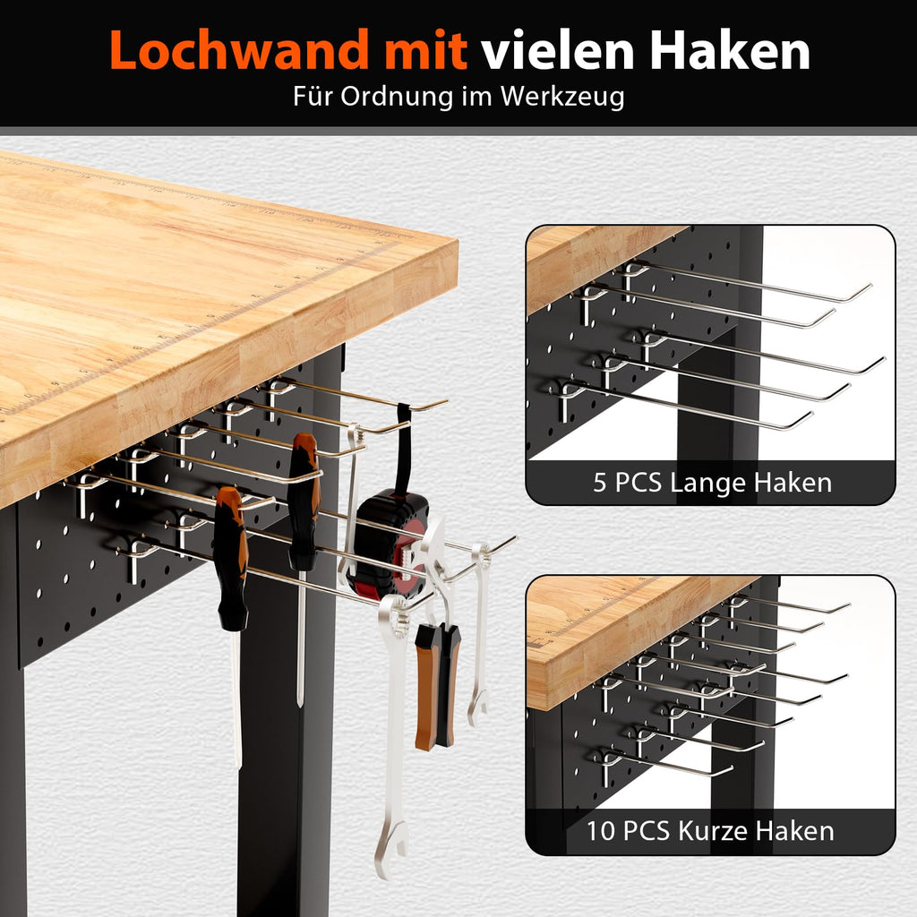 Schwerlast Werkbank verstellbar 122 cm Werktisch aus Gummibaumholz robuste Arbeitsbank für Werkstatt