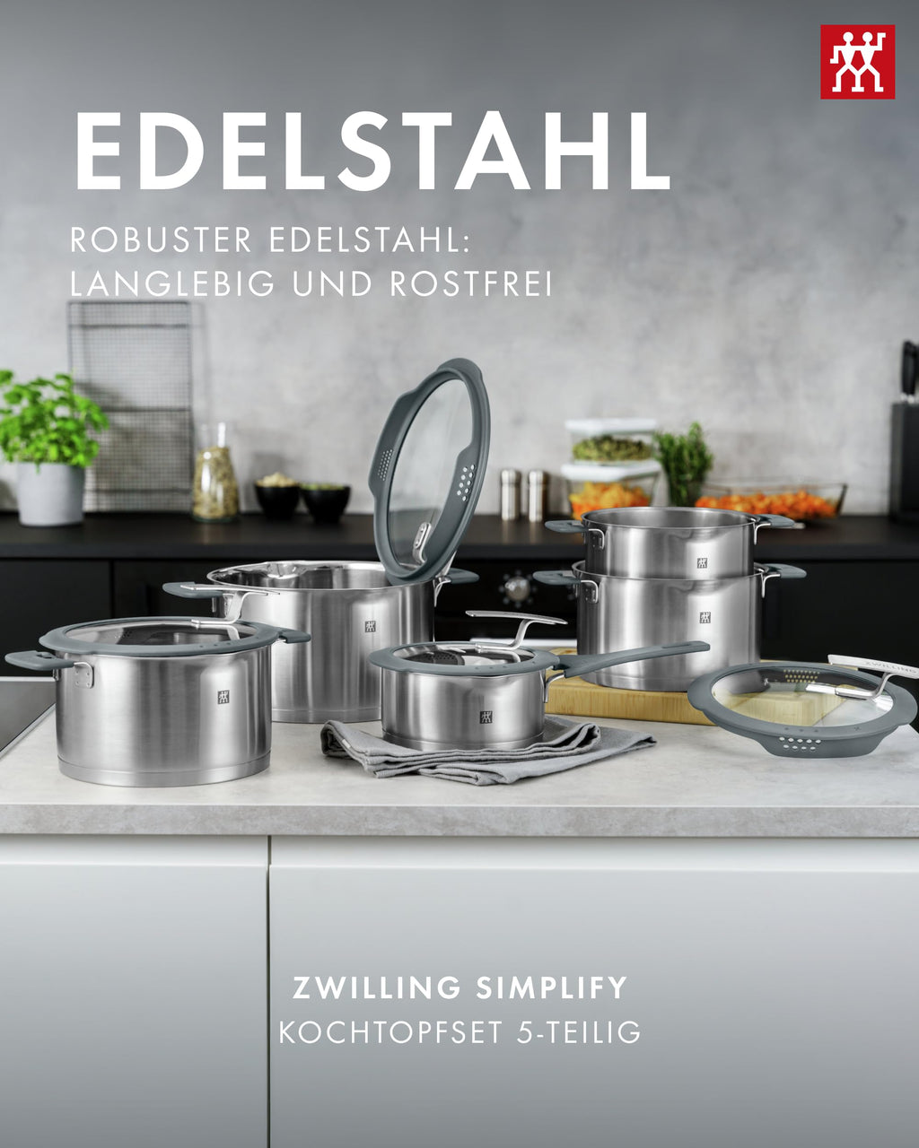 Simplify Kochtopf Set 5 teilig mit integriertem Sieb Induktionsgeeignet grau Kochgeschirr Set