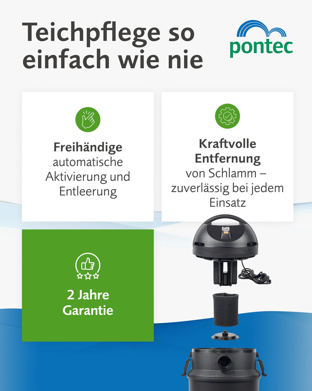Pondomatic Teichschlammsauger 1400 W 30 L Auffangvolumen 3 Düsen 4 m Kabel