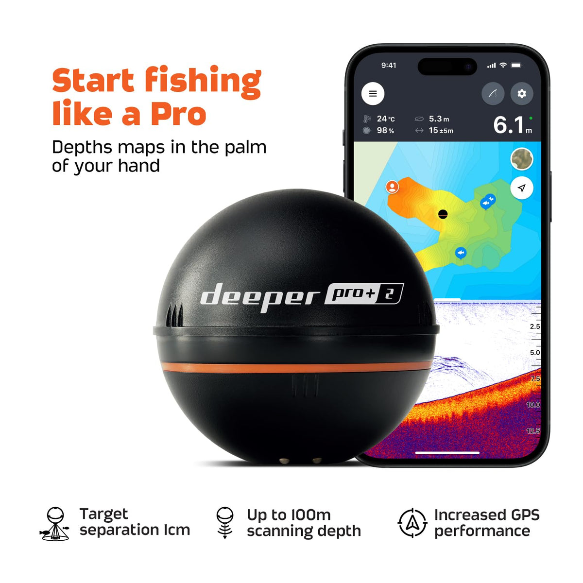 Smart Sonar Pro+ 2 Fischfinder Echolot mit Tiefenmesser und GPS Sender sowie gratis App Kajak Boot Eisangeln