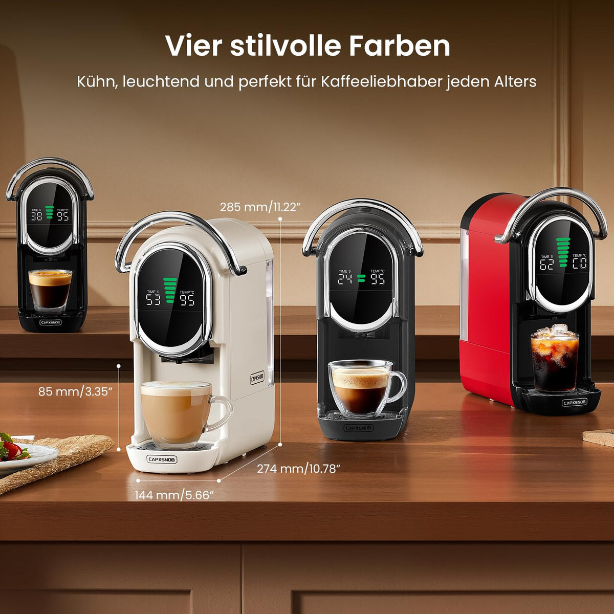 Mini 5in1 Kapselmaschine für Nespresso Dolce Gusto Lavazza ESE Pad Pulver 20bar 1450W LED 7 Stufen Heiß Kalt