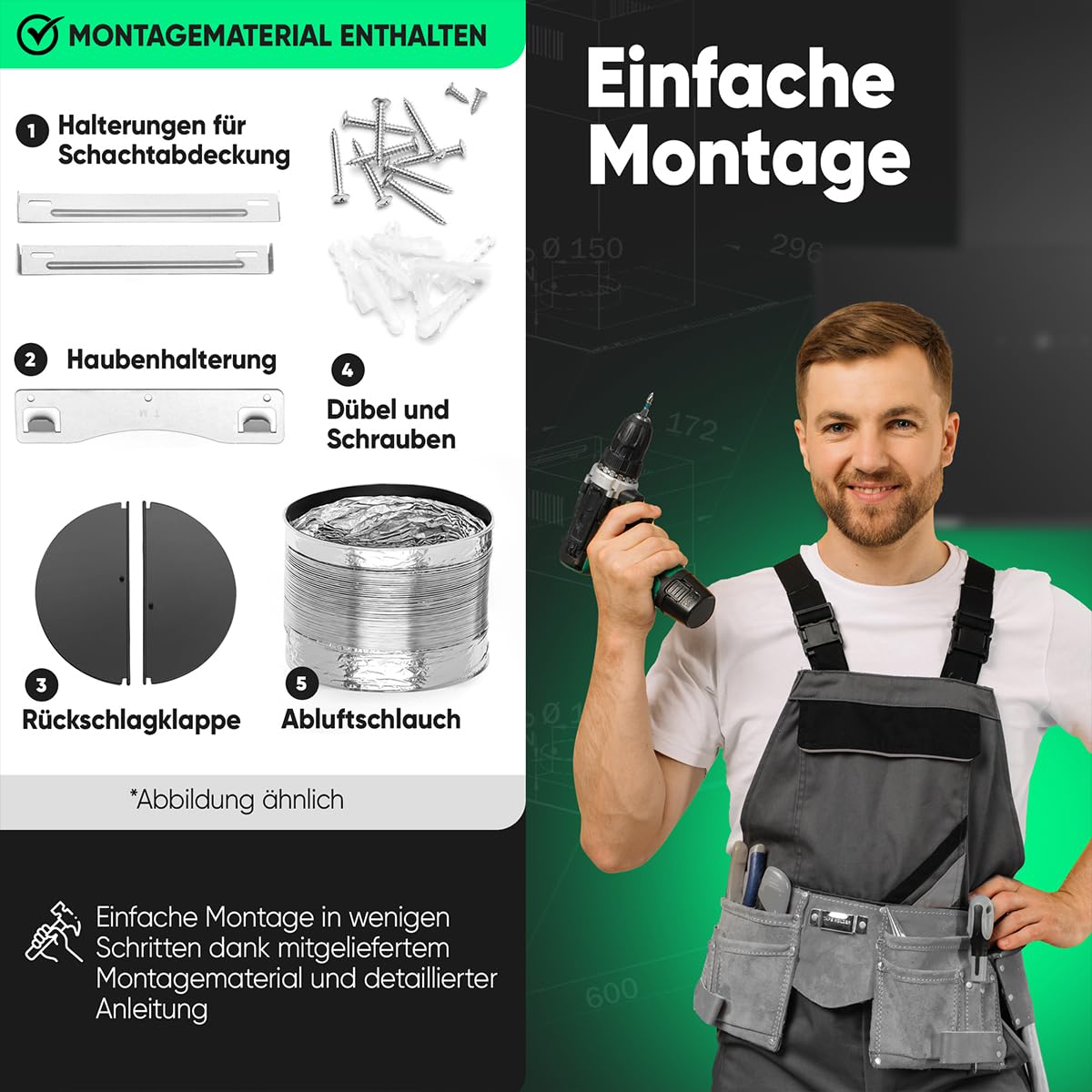 Dunstabzugshaube 60 cm bunte Beleuchtung Umluft und Abluft leise Kopffreihaube Energieklasse A+ DU 7611 G
