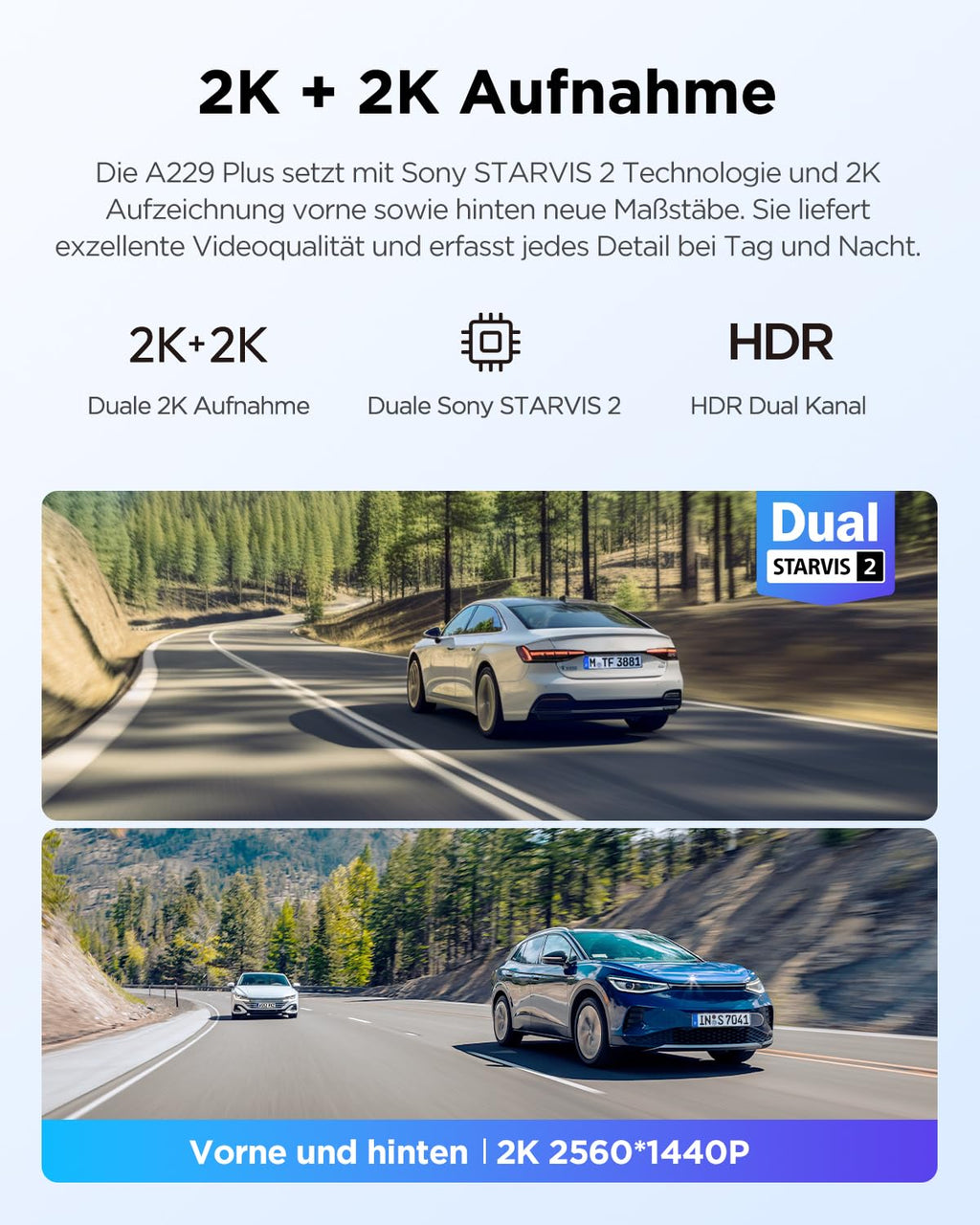 A229 Plus 2CH Dualkanal Dashcam Dual 2K HDR 5GHz WLAN GPS Sprachsteuerung Autokamera für Fahrzeuge