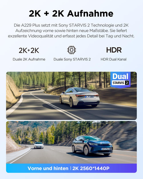 A229 Plus 2CH Dualkanal Dashcam Dual 2K HDR 5GHz WLAN GPS Sprachsteuerung Autokamera für Fahrzeuge