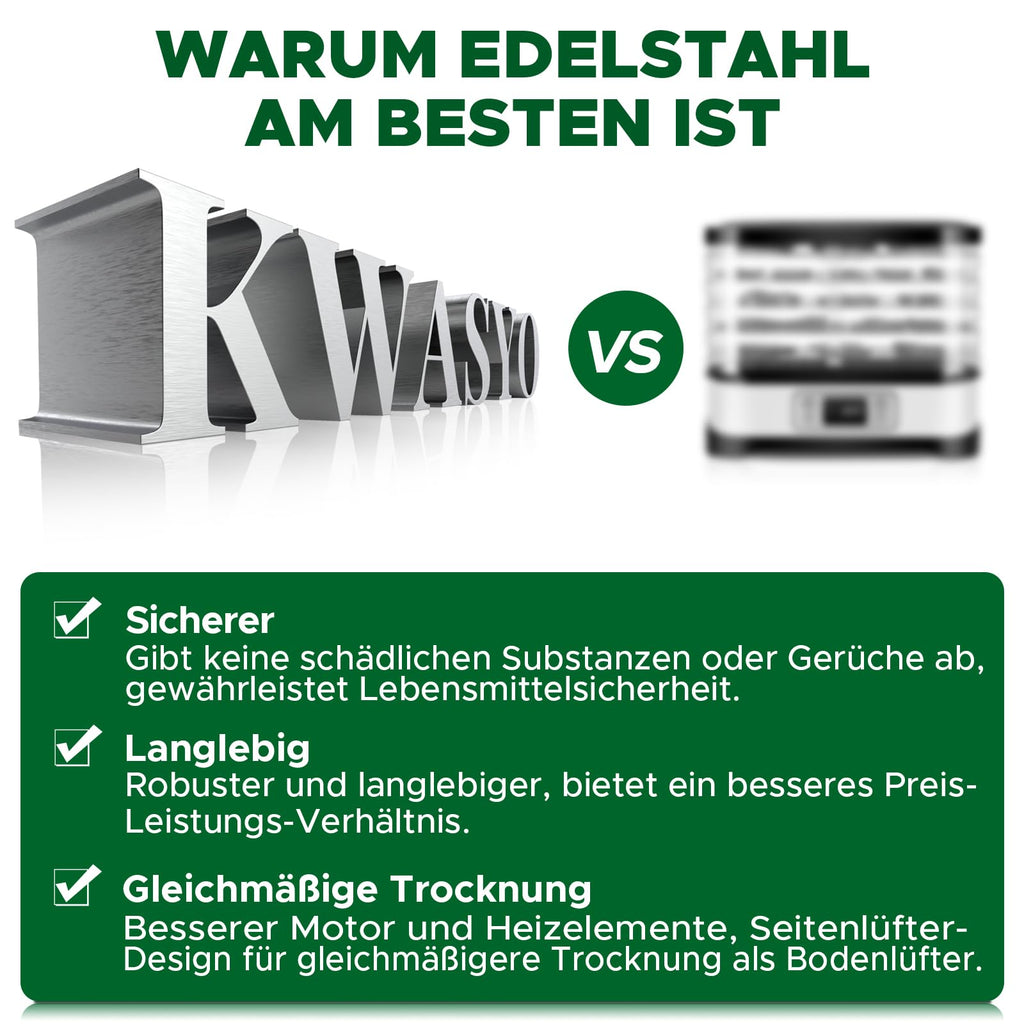 Dörrautomat Edelstahl 8 Etagen 30 bis 90 °C Timer 24 h ohne BPA für Obst Fleisch Gemüse Kräuter Rezeptheft