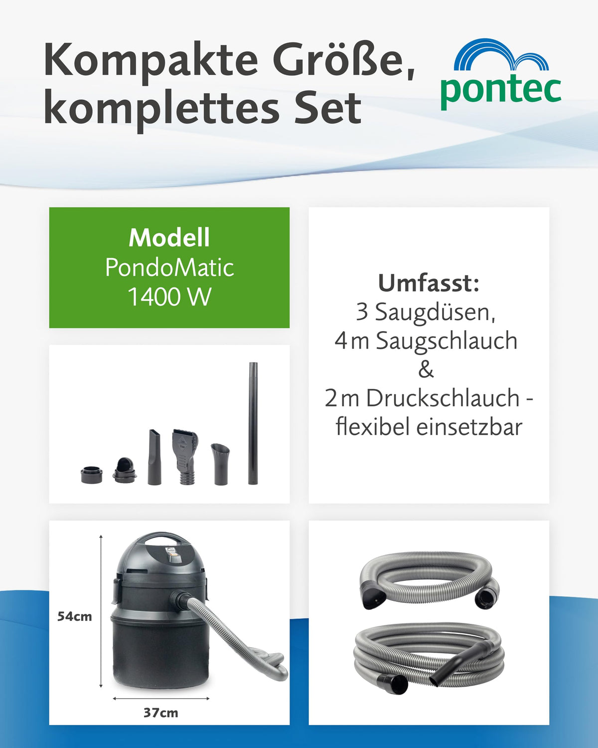 Pondomatic Teichschlammsauger 1400 W 30 L Auffangvolumen 3 Düsen 4 m Kabel