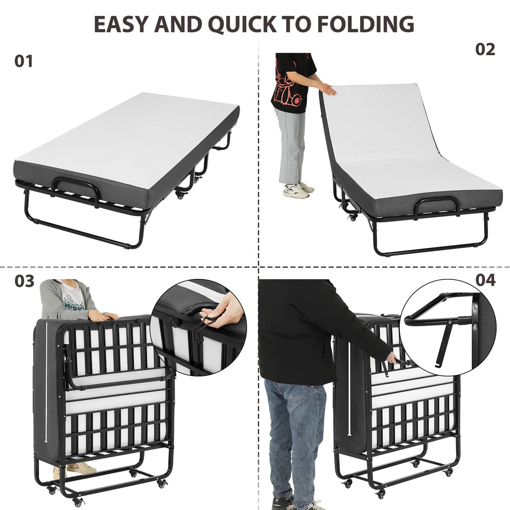 Klappbett 90x200 cm Erwachsene Gästebett 13cm Gedächtnisschaum Matratze klappbar Metallrahmen Rollen bis 200kg