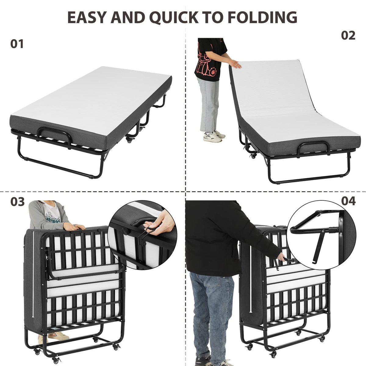 Klappbett 90x200 cm Erwachsene Gästebett 13cm Gedächtnisschaum Matratze klappbar Metallrahmen Rollen bis 200kg