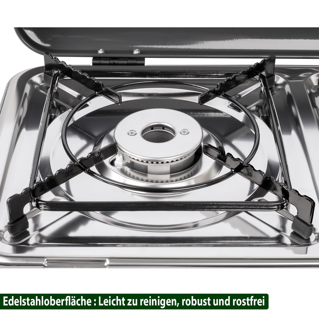 Campingkocher zweiflammig Gaskocher POWERKOOK 50 mbar mit 2 Grillplatten für Camping Outdoor