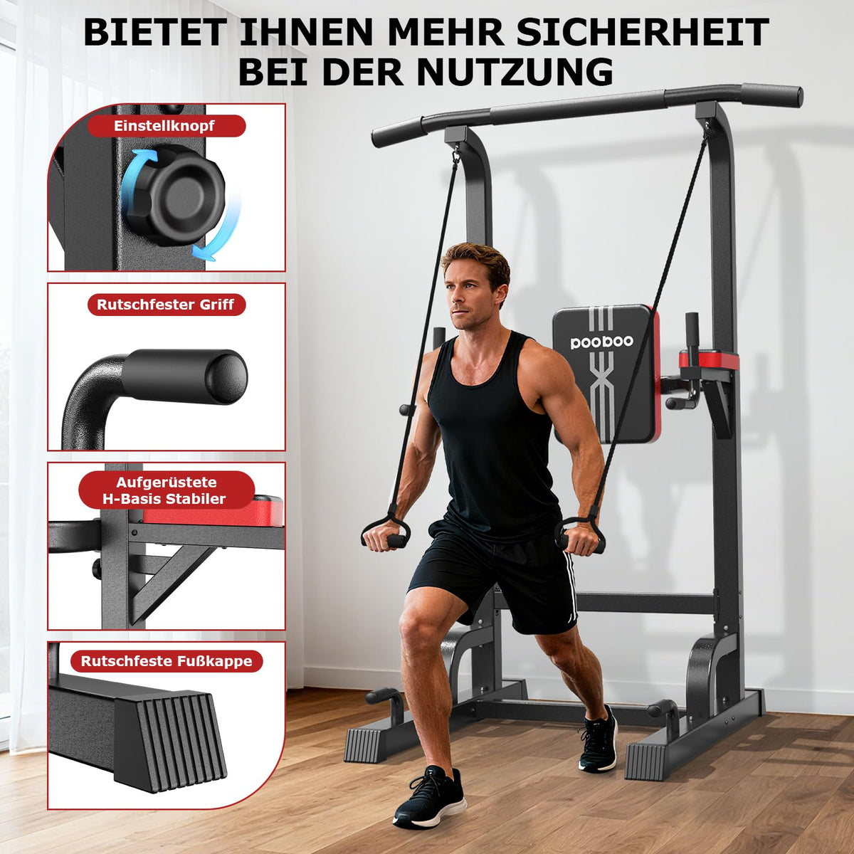Power Tower Dip Station Klimmzugstange höhenverstellbar multifunktional für Heimtraining mit Elastikseilen