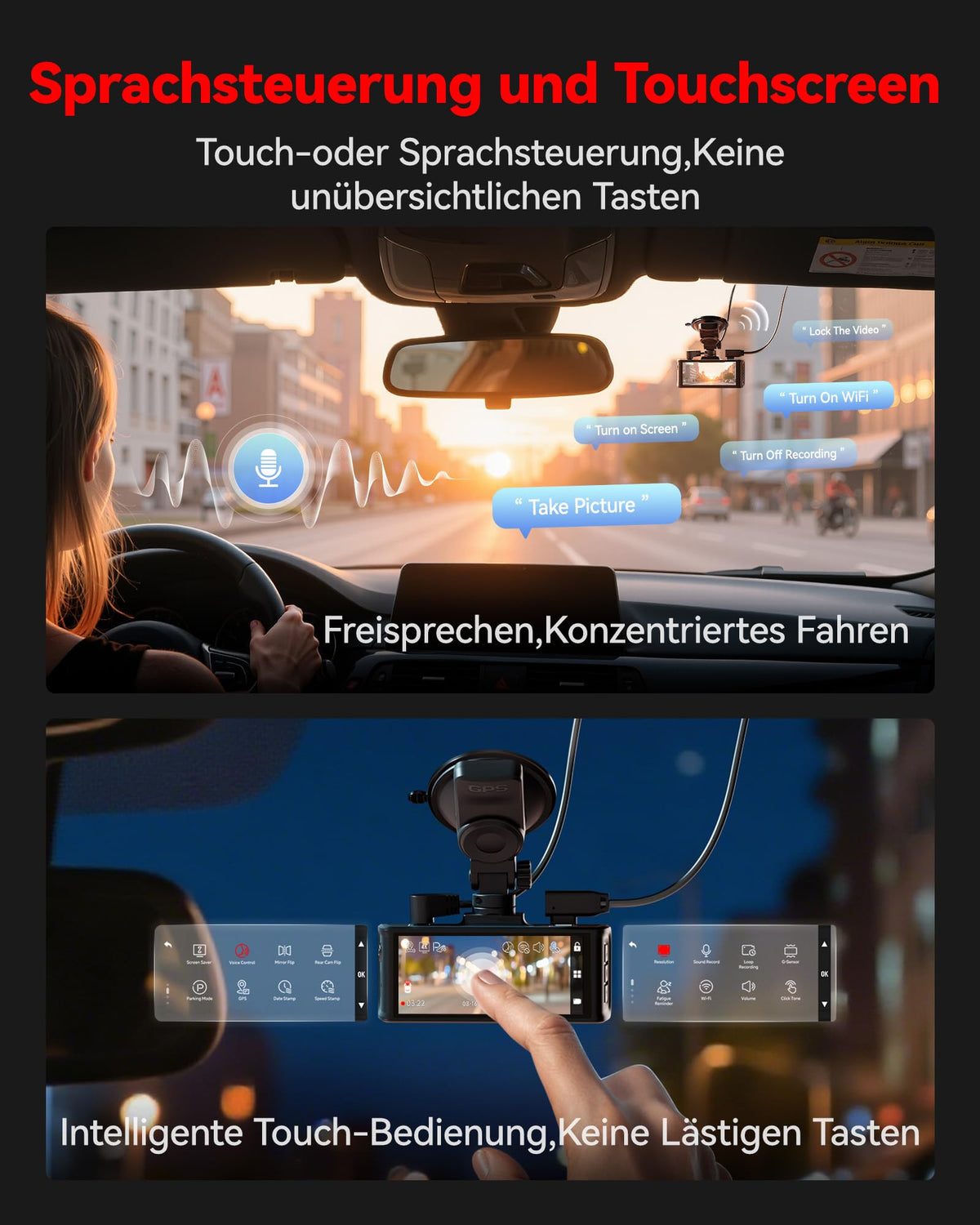 F7N Touch 4K Starvis 2 Dashcam Auto vorne hinten Sprachsteuerung für gestochen scharfe Aufnahmen