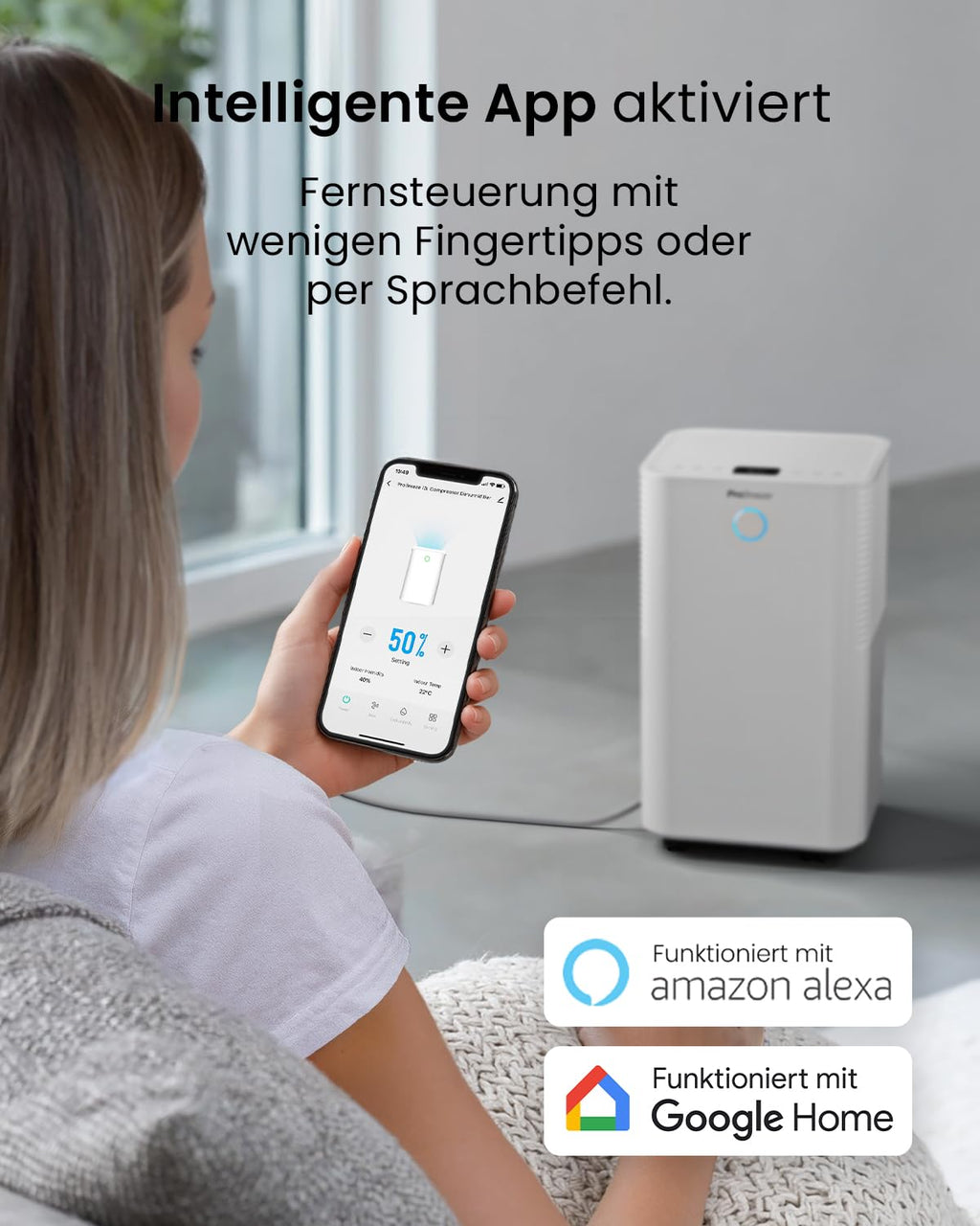 OmniDry Luftentfeuchter mit App WLAN 12L in 24h Wäschemodus Feuchtigkeitssensor Timer gegen Schimmel bis 25m²