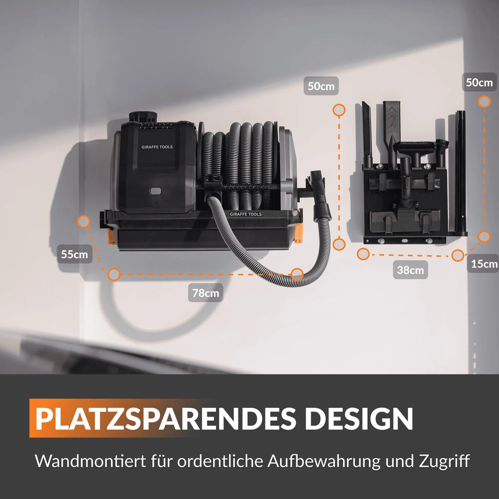 Grandstorm einziehbarer Wandstaubsauger 10m knickfester Schlauch 6 Düsen Fernbedienung Garagenreinigung