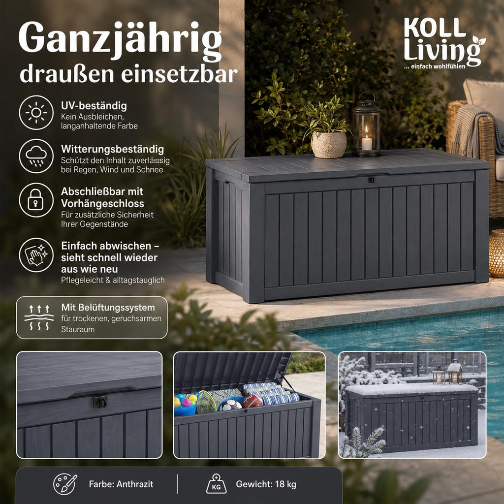 Auflagenbox Kissenbox 570 Liter 100% wasserdicht Belüftung kein Schimmel Holzoptik Deckel 250 kg Anthrazit