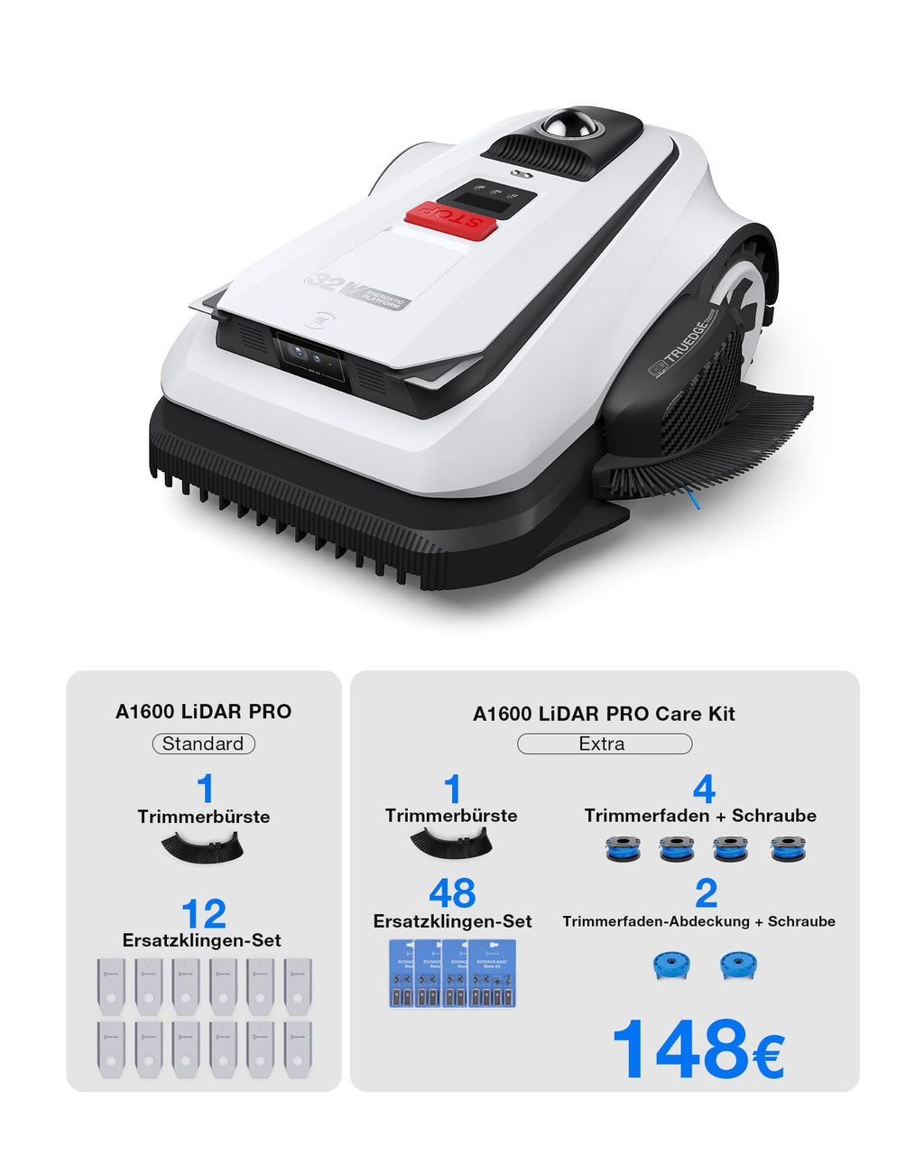 GOAT A1600 LiDAR PRO Care Kit Mähroboter ohne Begrenzungskabel, 1.600 m², 360° Dual LiDAR, 50 % Steigung
