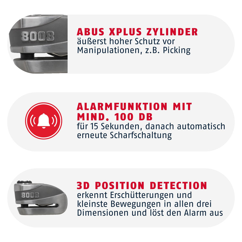 Bremsscheibenschloss Granit Detecto XPlus 8008 2.0 Motorradschloss mit Alarm Sicherheitslevel 19 Grau