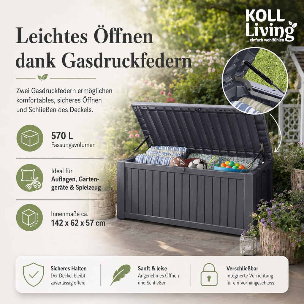 Auflagenbox Kissenbox 570 Liter 100% wasserdicht Belüftung kein Schimmel Holzoptik Deckel 250 kg Anthrazit