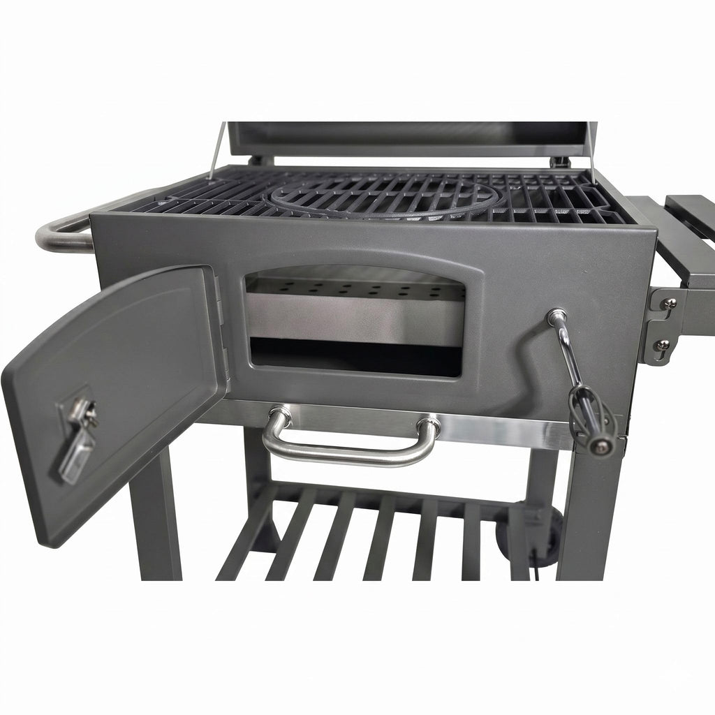 Holzkohlegrill Angular Guss Gusseisenrost Abdeckhaube Deckel verstellbare Kohlewanne Thermometer Grillwagen