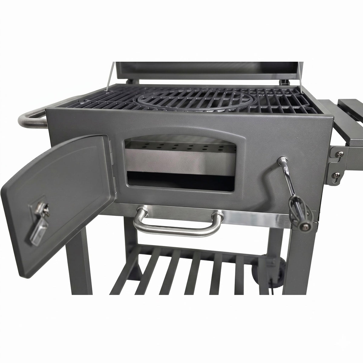 Holzkohlegrill Angular Guss Gusseisenrost Abdeckhaube Deckel verstellbare Kohlewanne Thermometer Grillwagen