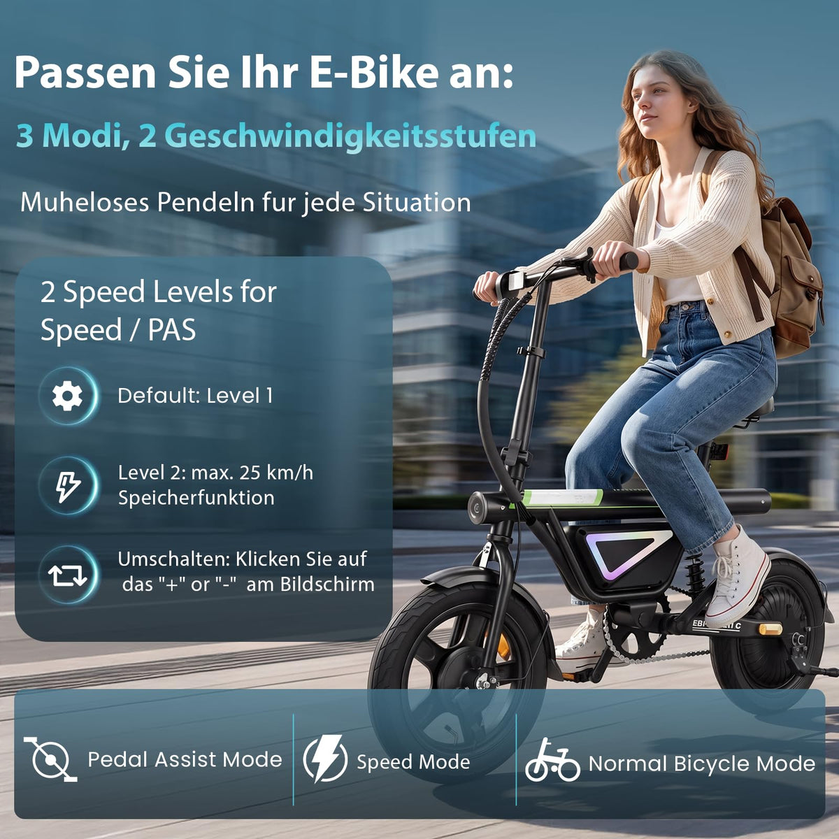 EBike Klapprad 14 Zoll Pedelec Citybike 36V 12Ah Akku 250W Motor 50 km Faltrad LED App Herren Damen Pendler