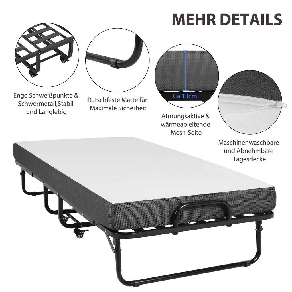 Klappbett 90x200 cm Erwachsene Gästebett 13cm Gedächtnisschaum Matratze klappbar Metallrahmen Rollen bis 200kg