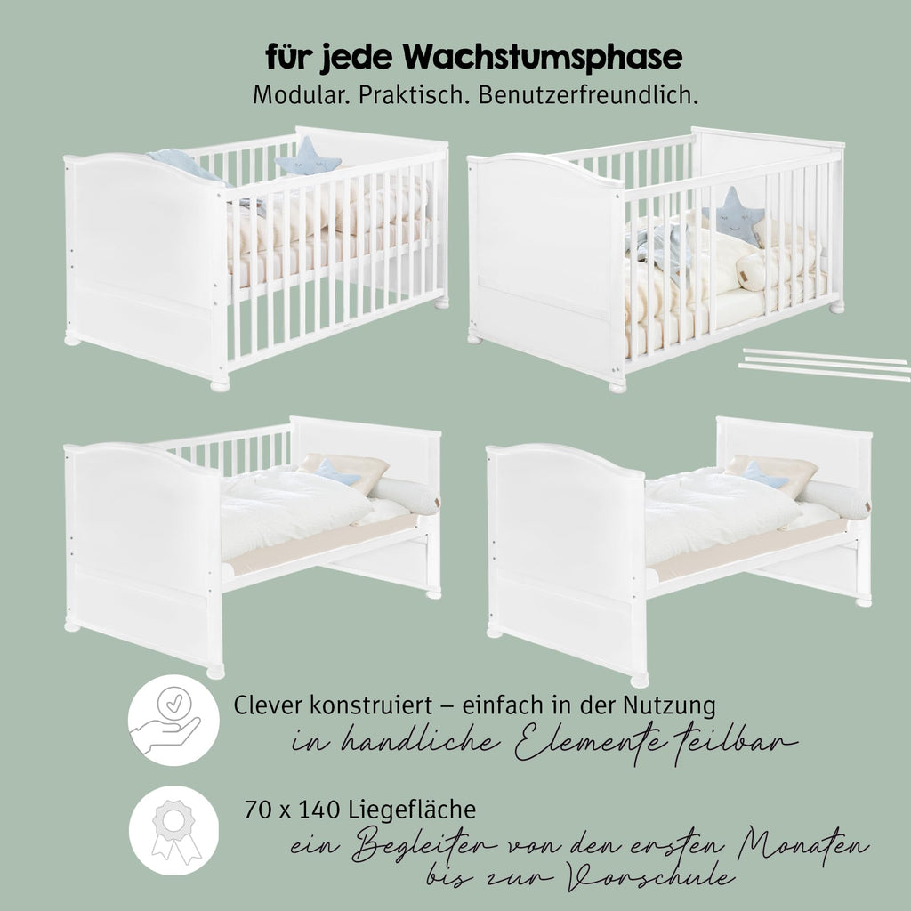 Babybett Set Adam und Eule 70x140 cm Bettwäsche Himmel Matratze höhenverstellbar Juniorbett umbaubar Holz weiß