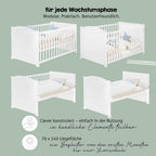 Babybett Set Adam und Eule 70x140 cm Bettwäsche Himmel Matratze höhenverstellbar Juniorbett umbaubar Holz weiß