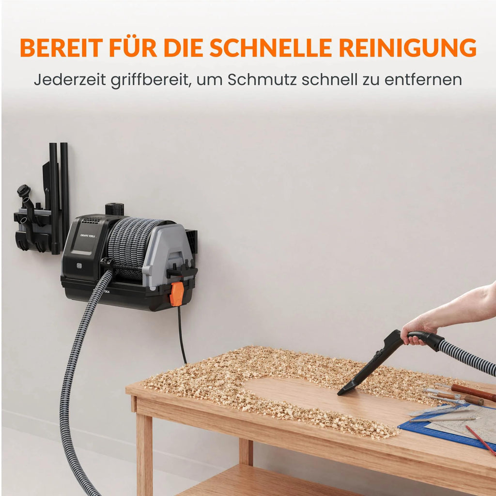 Grandstorm einziehbarer Wandstaubsauger 10m knickfester Schlauch 6 Düsen Fernbedienung Garagenreinigung