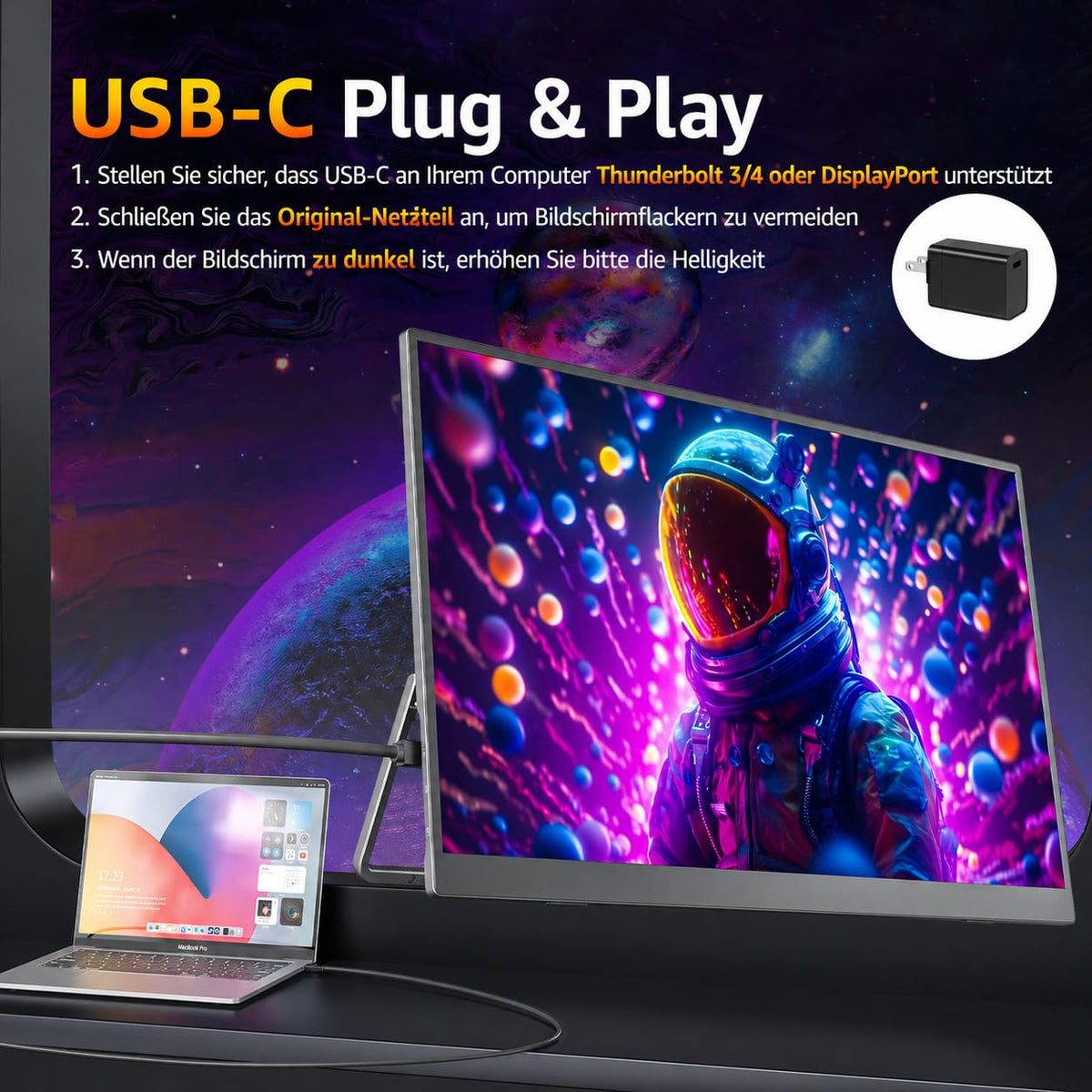 Tragbarer Monitor 18.5 Zoll 1080P FHD 120% sRGB HDMI USB-C Lautsprecher VESA Ständer für Laptop Xbox PS4 PS5