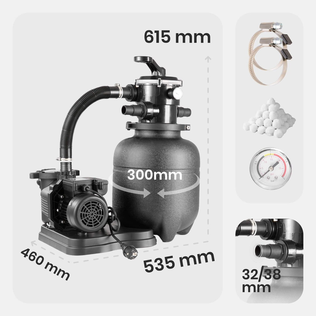 Sandfilteranlage Schwarz 9500 l/h 350 W Poolpumpe und Poolfilter für sauberes klares Wasser im Pool