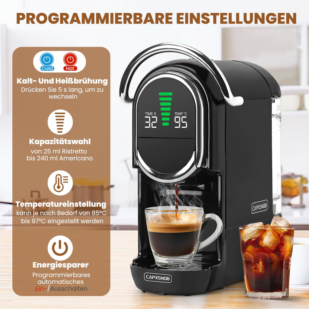Mini 5in1 Kapselmaschine für Nespresso Dolce Gusto Lavazza ESE Pad Pulver 20bar 1450W LED 7 Stufen Heiß Kalt