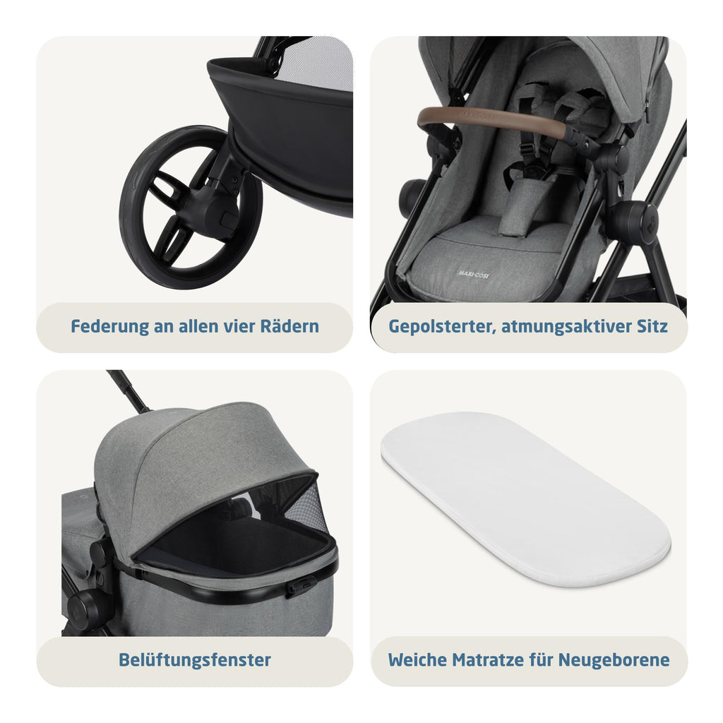 Zelia Select Trio Kinderwagen 3in1 mit Kindersitz 0 bis 4 Jahre 22 kg faltbar wendbar CabrioFix S iSize Grau