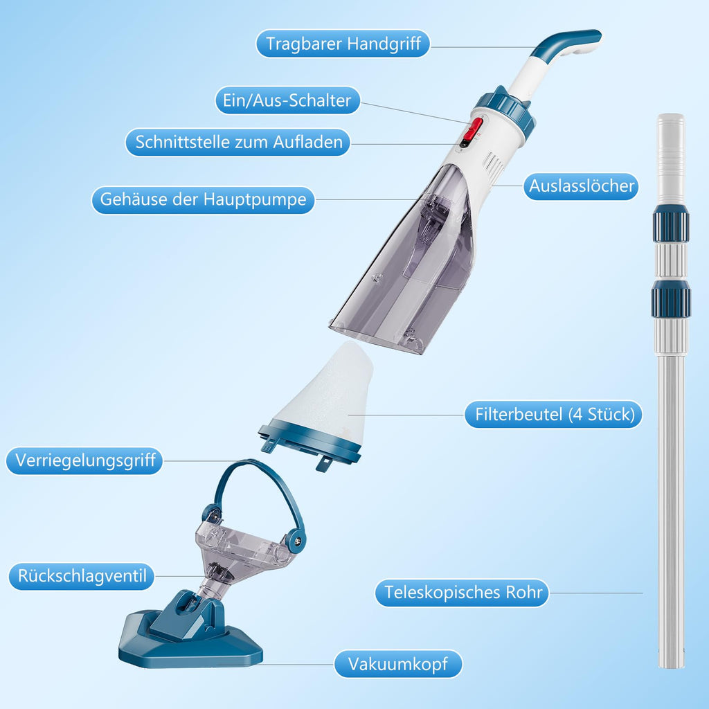 Akku Poolsauger 60 Min 222 cm Teleskopstange 4 Filter Absaugung 4200 l pro Stunde für oberirdische Pools blau