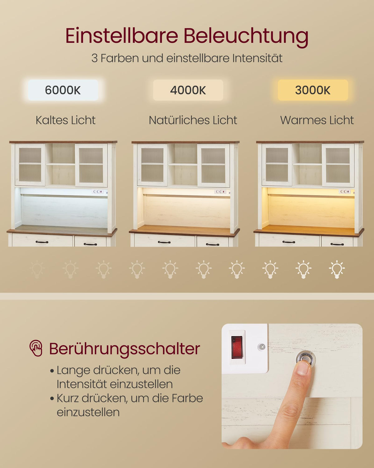 Sideboard mit Beleuchtung und Ladestation Küchenschrank mit Stauraum für Küche Wohnzimmer Esszimmer Flur