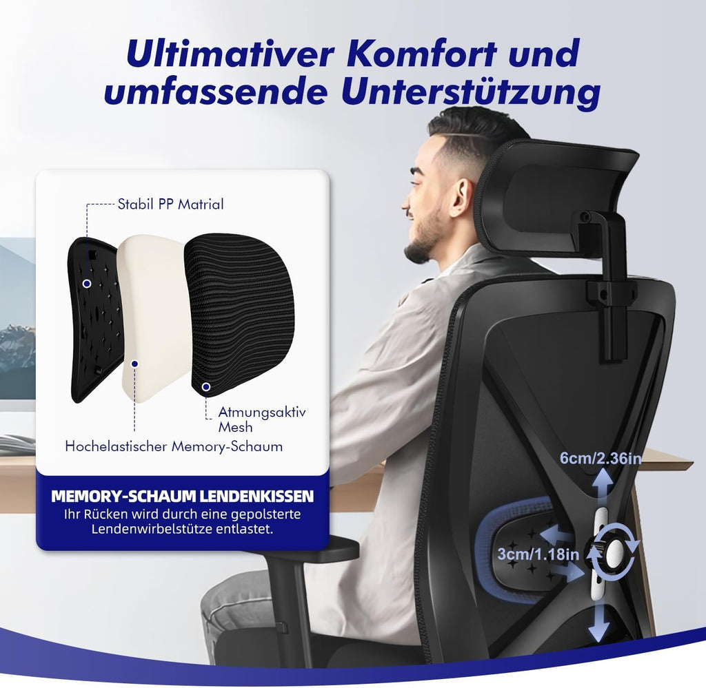Ergonomischer Bürostuhl verstellbare Armlehnen Kopfstütze Naturschwamm Lendenstütze Wippfunktion 200kg Schwarz