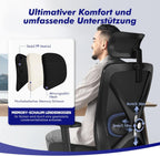 Ergonomischer Bürostuhl verstellbare Armlehnen Kopfstütze Naturschwamm Lendenstütze Wippfunktion 200kg Schwarz