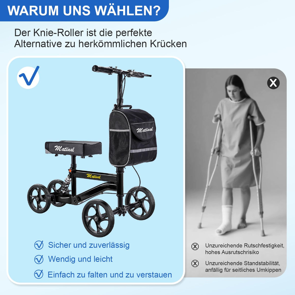 Knierollator für Erwachsene bei Fußverletzungen 20 cm Vorderrad Gehhilfe zur Entlastung im Alltag