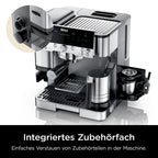 Luxe Premier 3 in 1 Kaffeemaschine mit Mahlwerk und Aufschäumer Silber für Espresso Latte Cappuccino