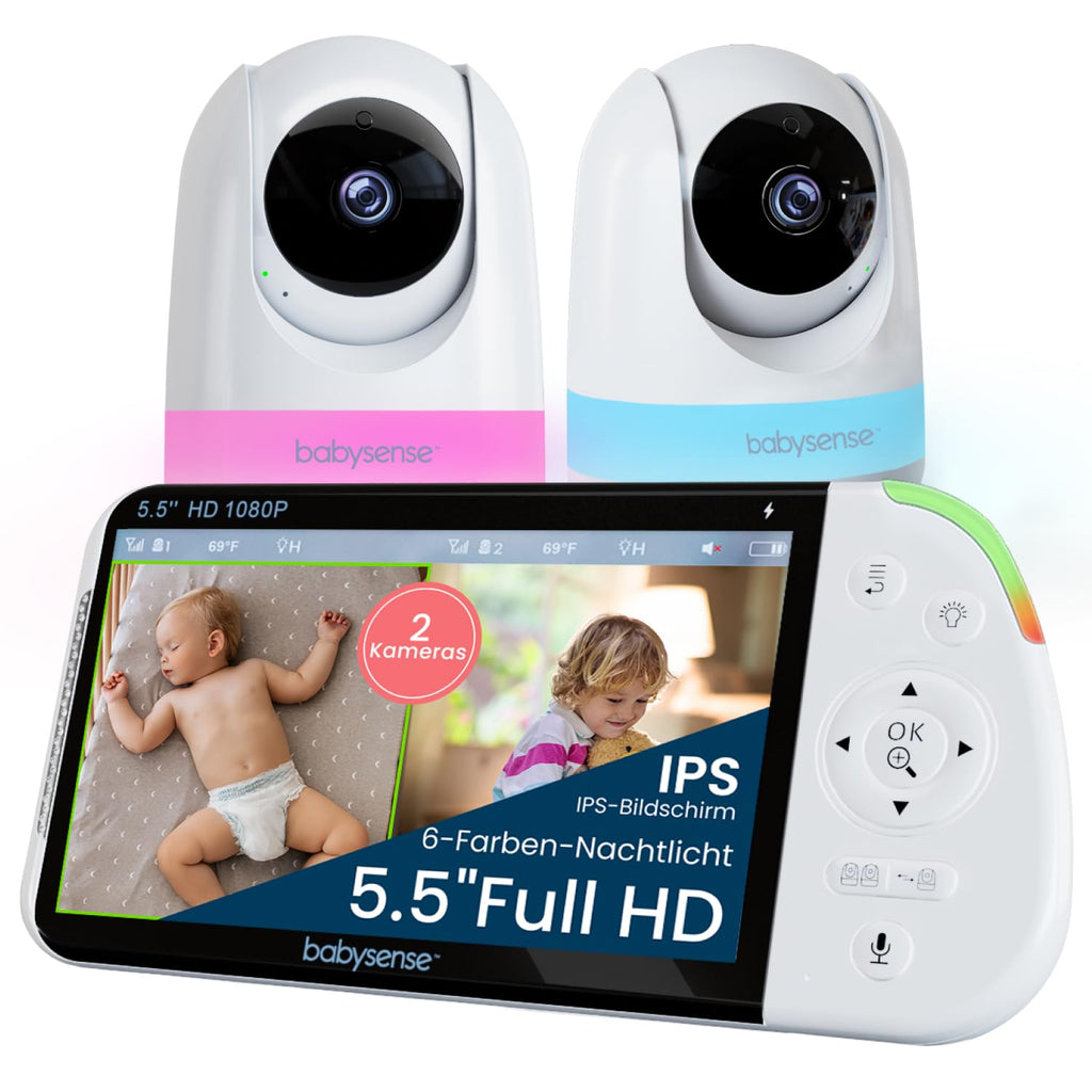 Full HD Split Screen Babyphone 2 Kameras Nachtlicht 6 Farben Geräusch Lichtmaschine 20h abhörsicher ohne WLAN