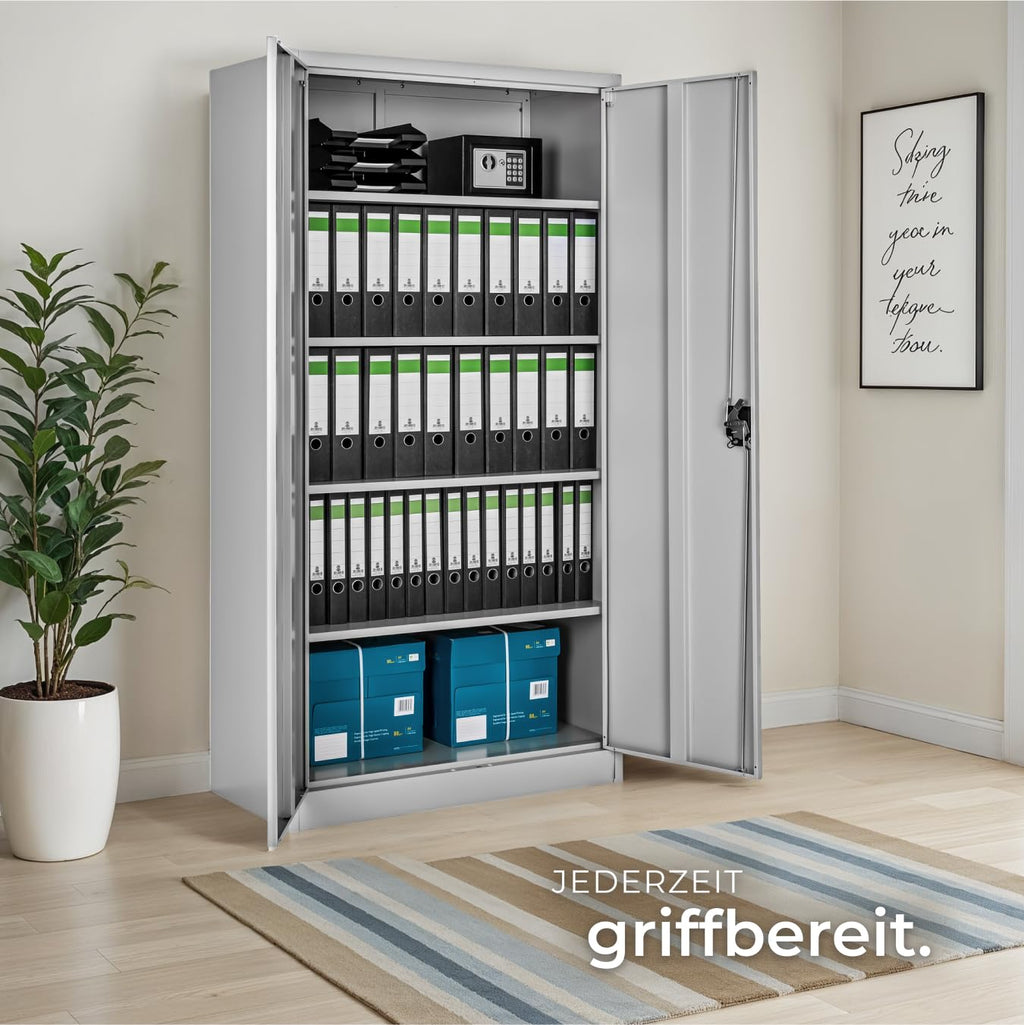 Aktenschrank 180x90x40 cm abschließbarer Büroschrank aus Stahl 2 Türen 5 höhenverstellbare Einlegeböden grau