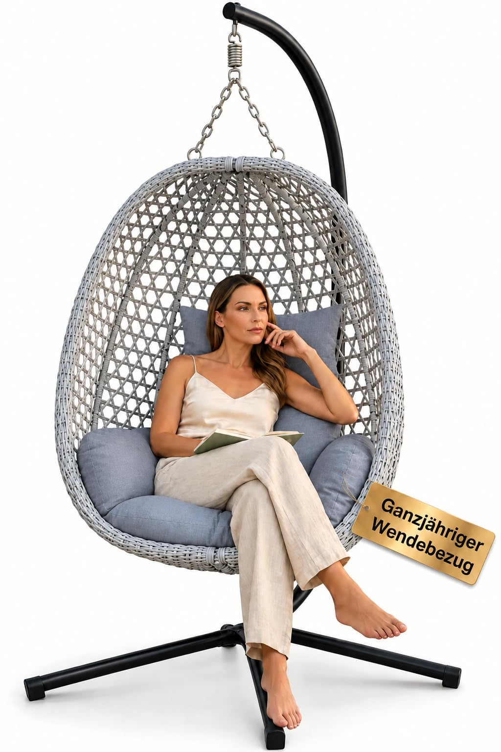 Hängesessel mit Gestell Outdoor Indoor, Sommer Winter Wendebezug, bis 150 kg, faltbar, mit Abdeckplane, Grau
